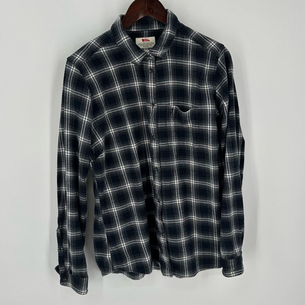 Fjallraven Women's Ovik Flannel Plaid Shirt Size Large Hiking Camping Black Gray